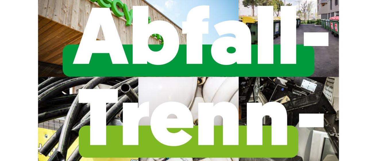Ein Plakat für Abfall-Trenn-ABC für Haushalte in der Steiermark, mit einer Collage von Abfalltrenncontainern und Gegenständen.