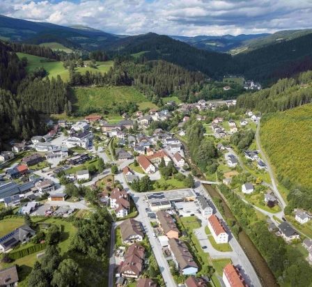 Ein Luftbild eines Dorfes mit Häusern und Gebäuden, umgeben von Bäumen und Bergen. Der Himmel ist bewölkt.