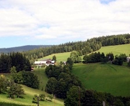 Ein weiter Blick auf eine ländliche Landschaft mit einem weißen Haus und grünen Feldern, umgeben von Bäumen und Büschen unter einem blauen, bewölkten Himmel.