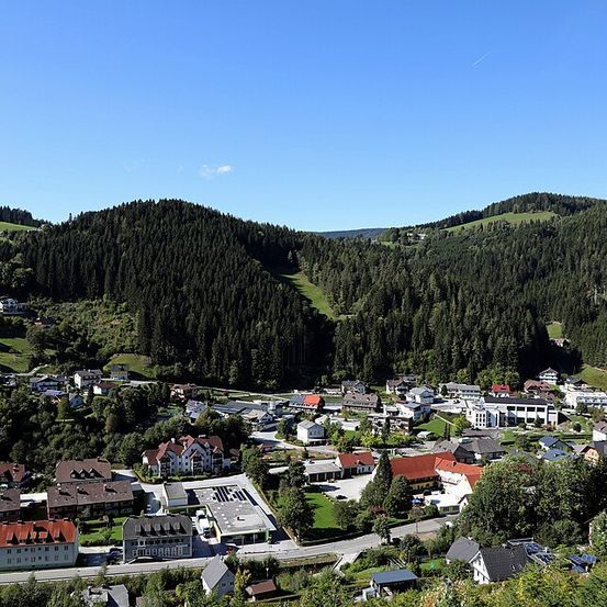 Luftaufnahme einer kleinen Stadt, eingebettet zwischen dichten Wäldern und Hügeln unter einem klaren blauen Himmel.