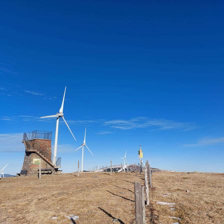 Einige Windturbinen stehen auf einem Hügel unter einem klaren blauen Himmel. Sie sind von trockenem Gras und einem Holzzaun umgeben.
