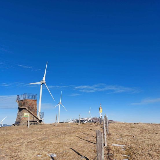 Einige Windturbinen stehen auf einem Hügel unter einem klaren blauen Himmel. Sie sind von trockenem Gras und einem Holzzaun umgeben.