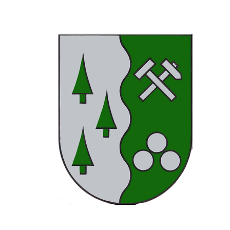 Der Schild ist in zwei Teile gespalten: Die linke Seite hat drei grüne Bäume und die rechte Seite hat zwei Hämmer und drei weiße Kreise auf grünem Hintergrund.