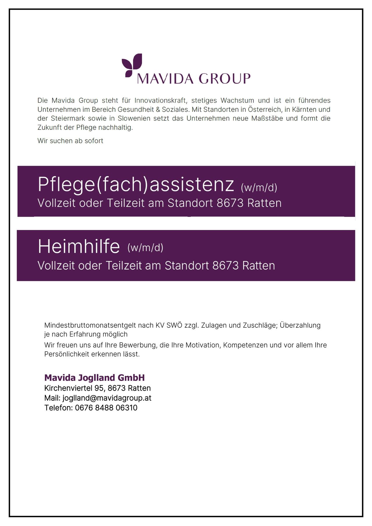 Eine Stellenanzeige für Pflegeassistenten und häusliche Pflegekräfte von Mavida Joglland GmbH, mit Sitz in Ratten, Österreich, mit Kontaktinformationen und einem Aufruf zur Bewerbung.