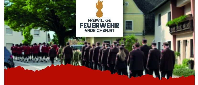 Ein rotes Plakat mit weißem Text. Es steht 'EINLADUNG FLORIANIMESSE & FRÜHSCHOPPEN SONNTAG, 04. MAI 2025'. Es gibt ein Bild einer Reihe von Menschen in schwarzen Anzügen, Hüten und Stiefeln. Unten steht 'Schweinbratenwurstel - Pizza - Kaffee & Kuchen - Bier vom Fass'.