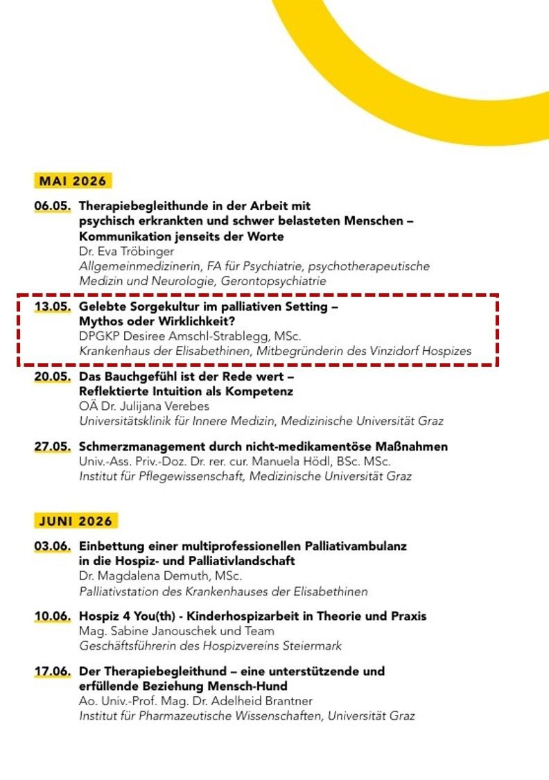 Ein Dokument präsentiert eine Liste von Seminaren im Jahr 2026, jedes mit Datum, Titel und Referenten. Themen umfassen Therapie für Patienten mit psychischen und schweren körperlichen Erkrankungen, Schmerzmanagement und Palliativversorgung.