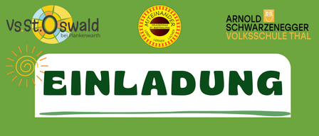 Ein grüner Banner mit dem Logo der 'Miteinander Volksschule St. Bartholomä' und dem Text 'NLADU'. Das Logo besteht aus einem gelben Kreis mit rotem Zentrum.