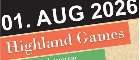Poster for Highland Games event on August 1, 2020, at Taufkirchen a. d. Trattnach. Features a kilted man, bagpipes, and information about the event, including games, food, and an aftershow party.