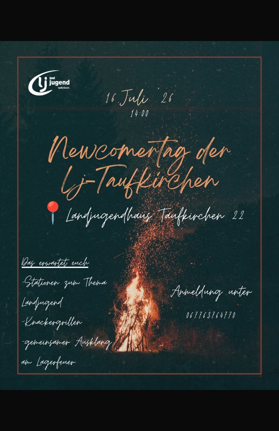 Event poster for the Welcome Day of the Li-Tauffkirchen on July 16, 2026, at 14:00. Activities include campfire, themed stations, registration, and a barbecue. Contact number provided.