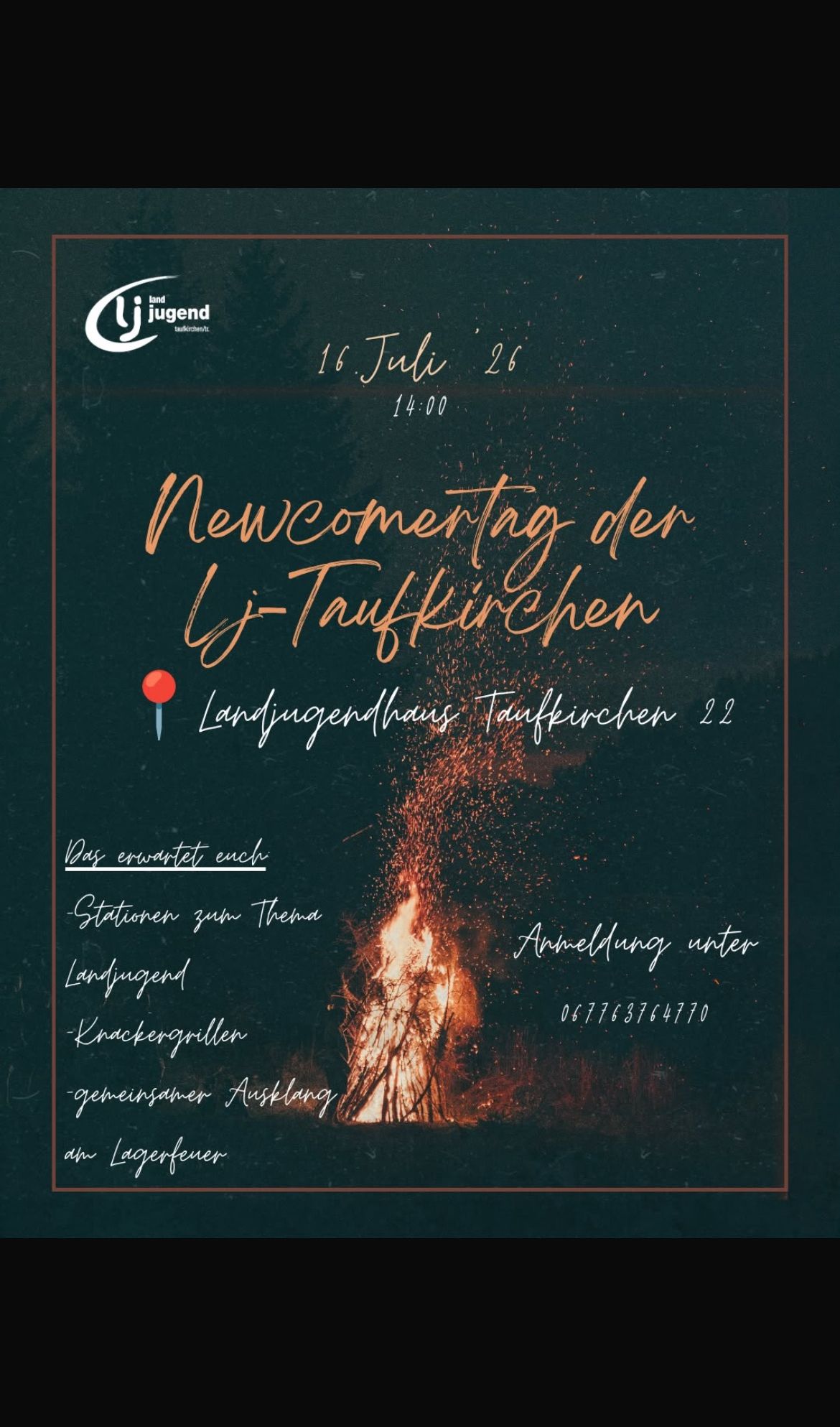 Event poster for the Welcome Day of the Li-Tauffkirchen on July 16, 2026, at 14:00. Activities include campfire, themed stations, registration, and a barbecue. Contact number provided.