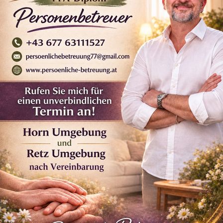 Ein Mann in einem weißen Hemd mit Bart und Schnurrbart steht mit verschränkten Armen. Das Bild ist eine Werbung für einen persönlichen Pflegedienst. Der Text lautet 'Rufen Sie mich für einen unverbindlichen Termin an!' und enthält Kontaktinformationen.