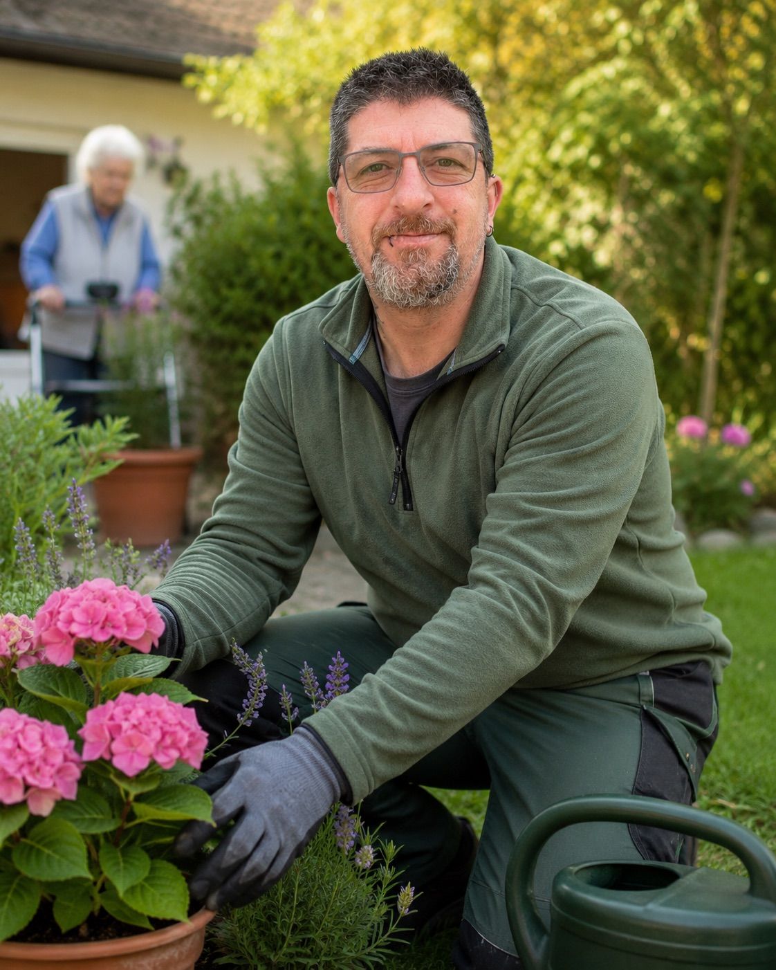 Ein Mann in einer grünen Jacke kniet in einem Garten und pflegt rosa Blumen, während eine ältere Frau mit einem Rollator in der Nähe steht.