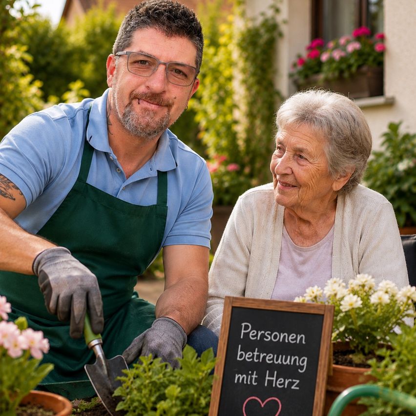 Ein Mann und eine ältere Frau gärtnern in einem Garten. Der Mann hält eine Schaufel und scheint etwas zu pflanzen. Die Frau lächelt und schaut den Mann an. Es gibt ein Tafel mit dem Text 'Personenbetreuung mit Herz' und einem Herzsymbol. Es gibt Topfpflanzen und Blumen im Garten.