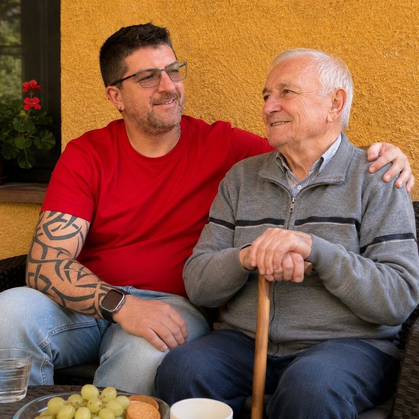 Zwei Männer sitzen auf einer Couch, einer mit einem Tattoo am Arm, lächeln und schauen in die Kamera. Ein Glas Wasser und Trauben stehen auf dem Tisch.