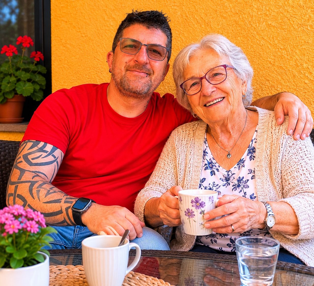 Ein Mann und eine ältere Frau sitzen zusammen an einem Tisch, lächeln und halten Tassen. Der Mann hat eine Tätowierung am Arm und die Frau trägt eine Halskette. Sie sitzen vor einer gelben Wand mit einem Topf.