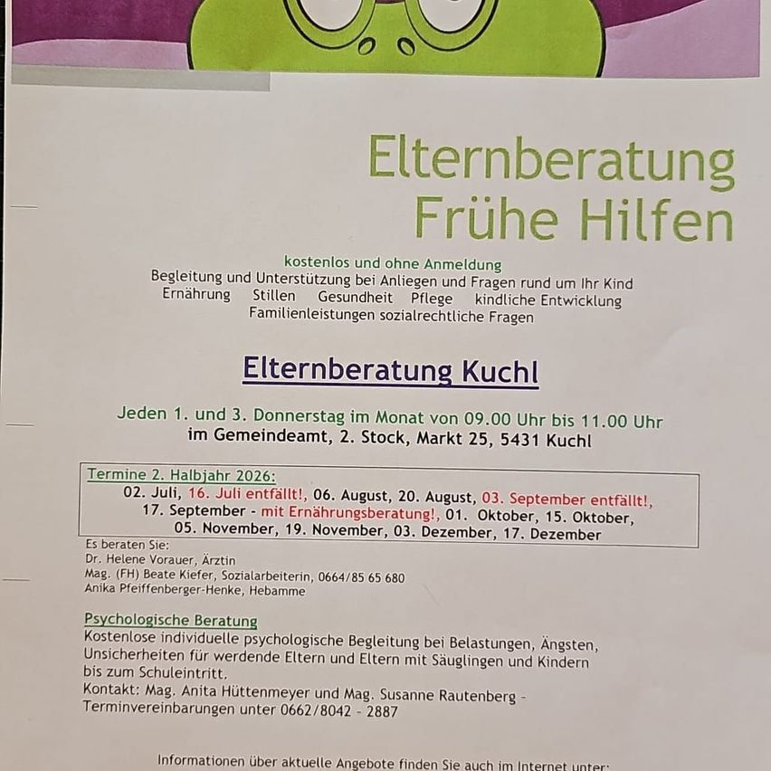 Ein Flyer für kostenlose Elternberatungsdienste, einschließlich Termine und Kontaktdaten für die Sitzungen. Der Flyer trägt den Titel 'Elternberatung Frühe Hilfen' und gibt Details zum Zeitplan und behandelten Themen.