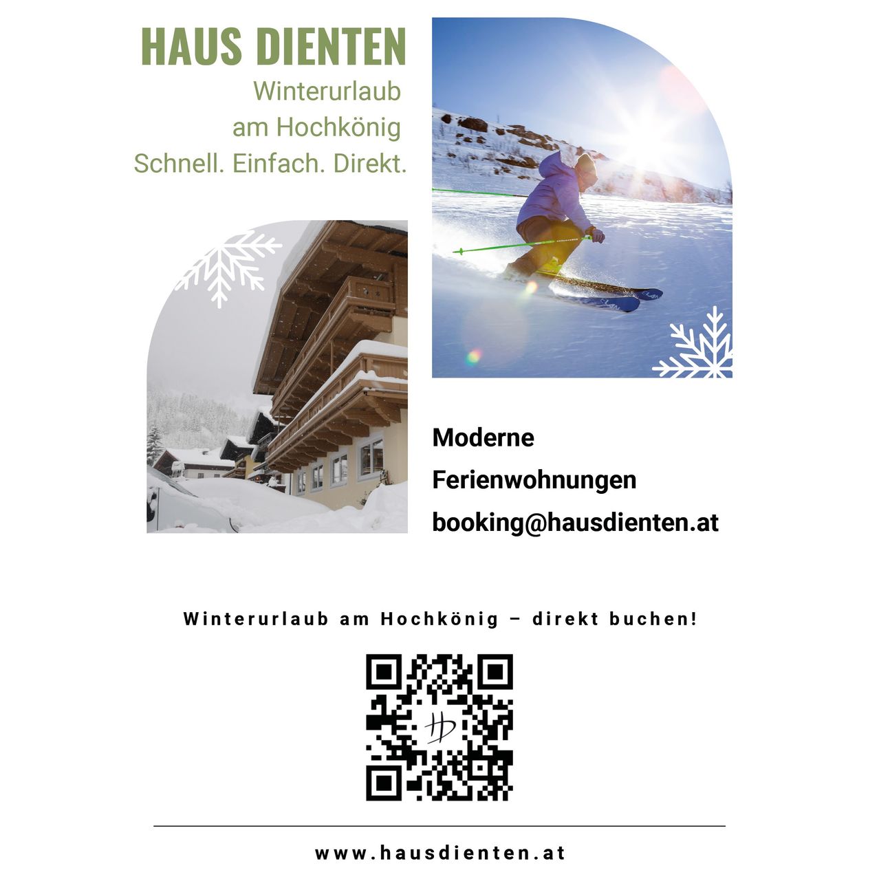 The image features a ski resort advertisement for winter holidays. It highlights easy and direct booking options. The scene includes a skier on a snowy mountain and a chalet. Contact information and a QR code for booking are provided.