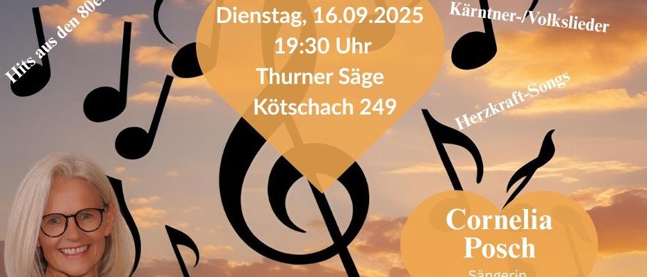 Ein offener Gesangsworkshop mit Cornelia Posch, Sängerin und Chorleiterin, am Dienstag, 16.09.2025 um 19:30 in Thurner Sage, Ktschach 249. Besuchen Sie www.herzkraft-kg.at.