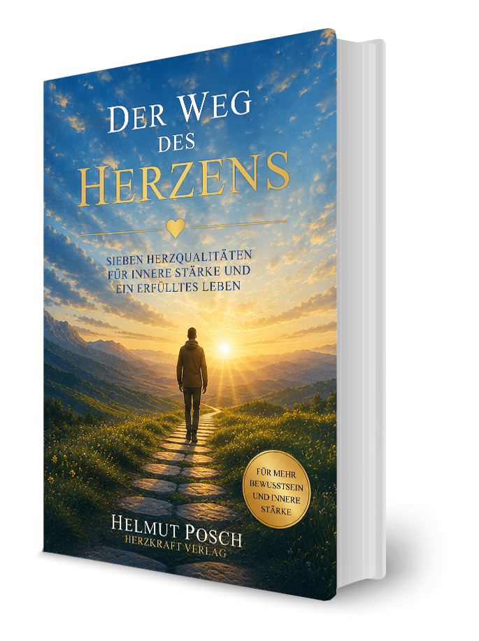 Book cover for 'Der Weg des Herzens' by Helmut Posch, featuring a man walking on a path under a sunset sky with mountains in the background. The title is in bold yellow letters.