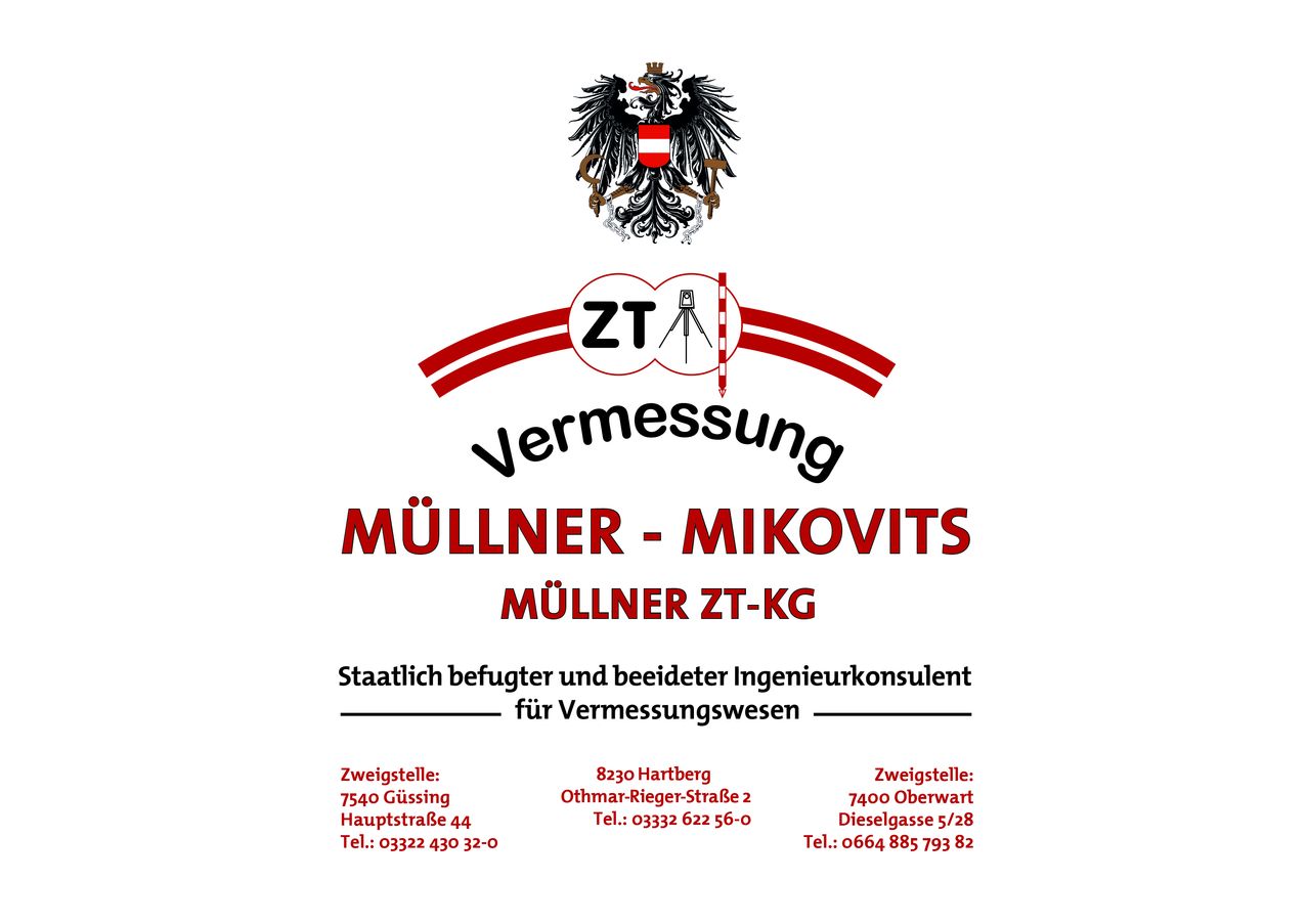 Visitenkarte für das Vermessungsbüro Mullner-Mikovits. Es zeigt das österreichische Wappen, den Firmennamen und Kontaktdaten für zwei Standorte.