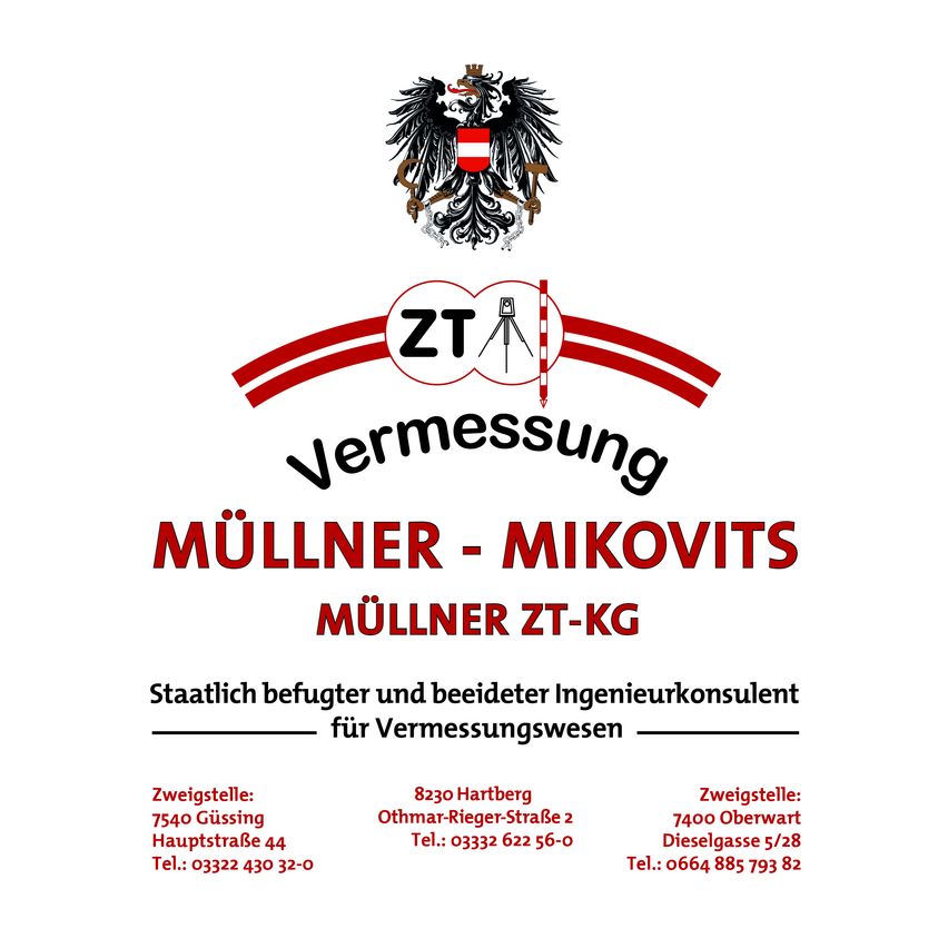 Werbeanzeige für Vermessungsdienstleistungen. Es zeigt den Namen 'Müller - Mikovits' und 'Müller ZT-KG'. Zwei Niederlassungen sind mit Adressen und Telefonnummern aufgeführt.