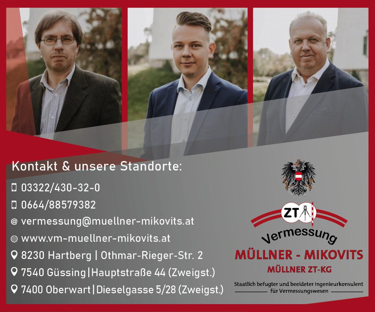 Three men in business suits are shown with contact information. Their locations and phone numbers are listed with a logo for Müllner.