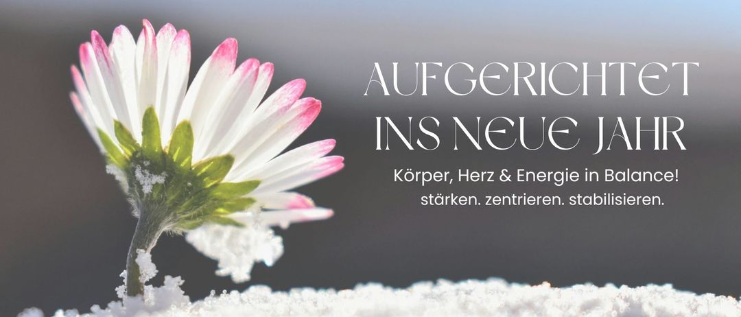 Eine Blume mit rosa Blütenblättern und grünen Blättern ist teilweise von Schnee bedeckt. Der Text lautet 'AUF GERICS INS NEUE' und 'Körper, Herz & Energie stärken. zentrieren. st'.