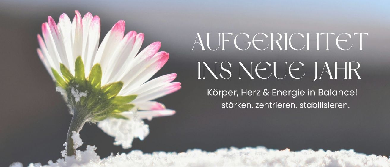 Eine Blume mit rosa Blütenblättern und grünen Blättern ist teilweise von Schnee bedeckt. Der Text lautet 'AUF GERICS INS NEUE' und 'Körper, Herz & Energie stärken. zentrieren. st'.