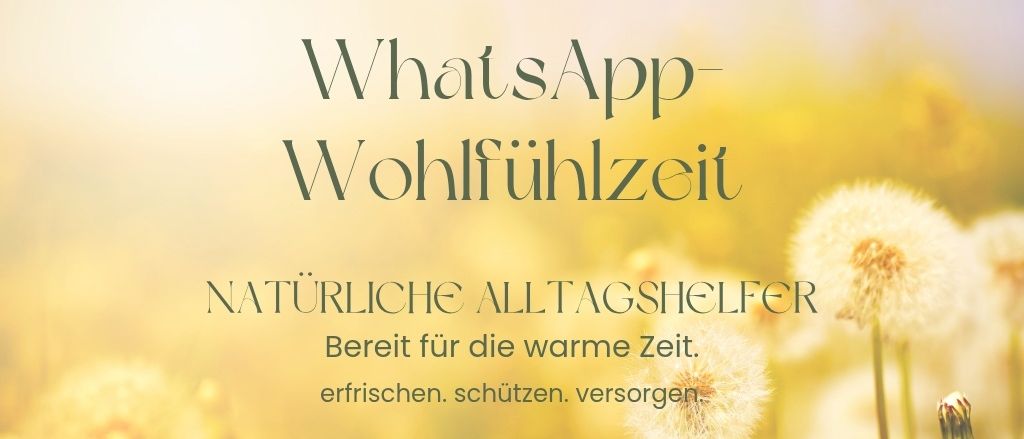 Werbung für eine natürliche Produktpflegesitzung auf WhatsApp mit Löwenzahn und warmem Ton, geplant für Sonntag, 3. Mai um 20:00 Uhr online.