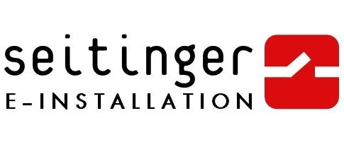 Das Seitinger E-Installation Logo zeigt den Namen Seitinger in schwarzem Fettdruck neben einem roten Quadratsymbol. Darunter steht der Text E-Installation in Schwarz.