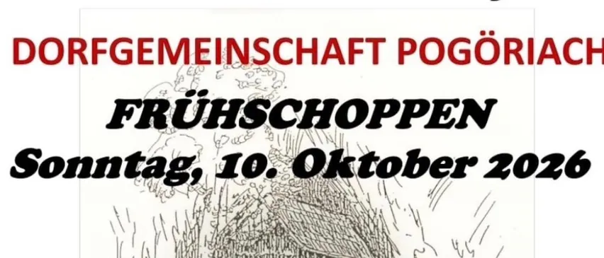 Plakat für die 30-jährige Jubiläumsfeier der Dorfgemeinschaft Pogoriach mit einer Zeichnung eines Hauses, Veranstaltungsdetails und einem Herzsymbol mit den Jahren 1996 und 2026.