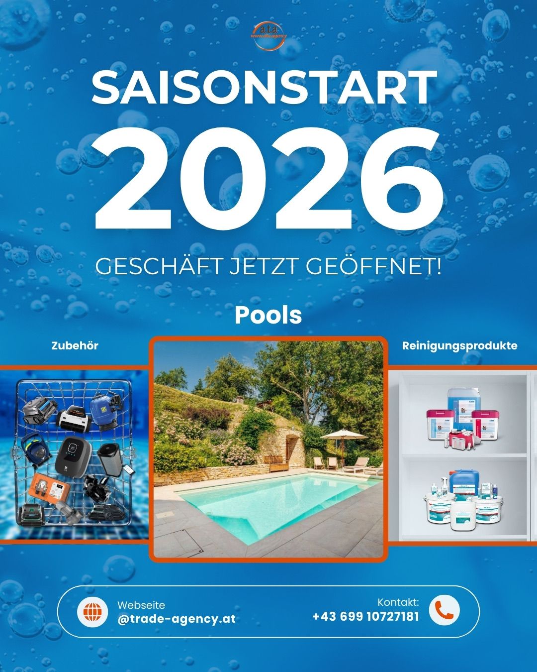Blue poster for pool supplies advertising season start 2026. It features a swimming pool, pool accessories, and cleaning products. The store is open now.
