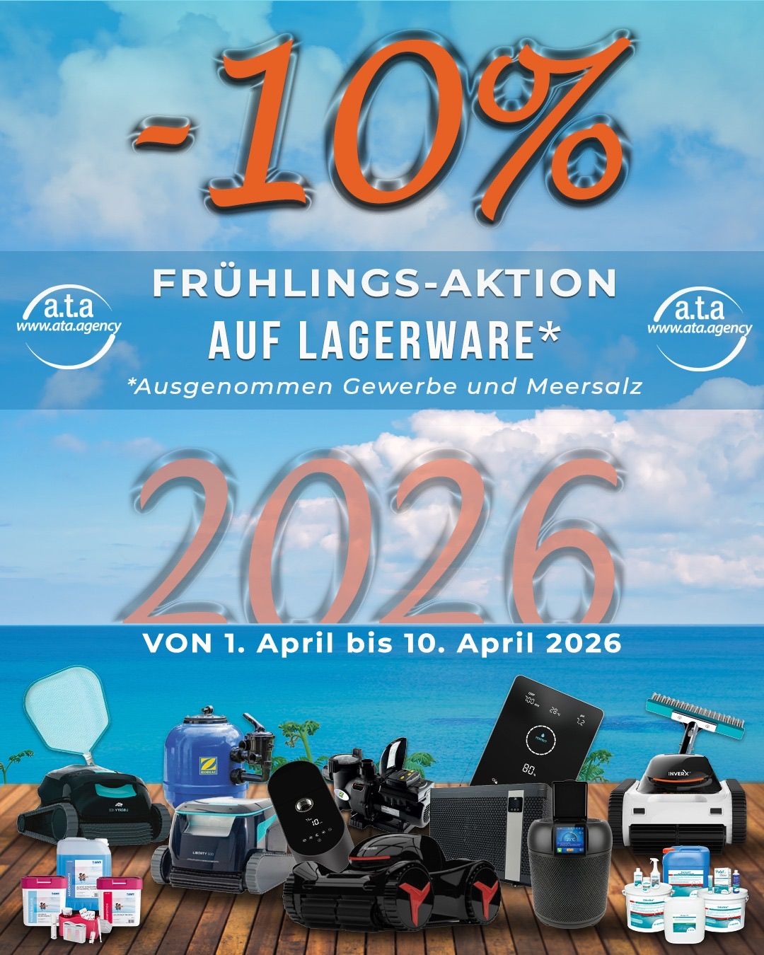 Frühlingsaktion mit 10% Rabatt auf Poolgeräte vom 1. April bis 10. April 2026. Ausgenommen Gewerbe und Meersalz. Mehrere Poolgeräte werden angezeigt.