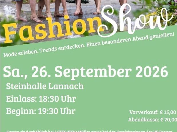 Plakat für eine Modenschau-Veranstaltung am 26. September 2026 mit fünf Frauen in verschiedenen Kleidern. Die Veranstaltung beginnt um 19:30 Uhr und Tickets sind erhältlich.