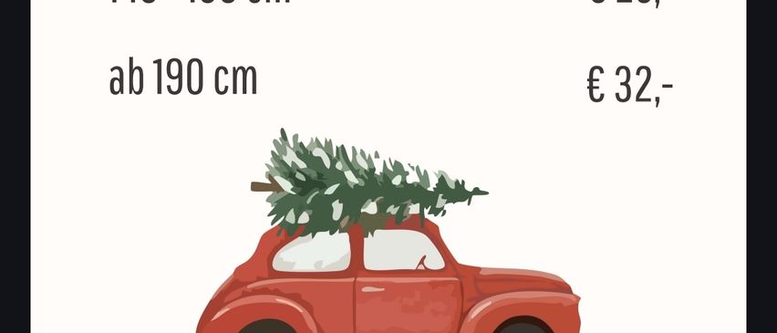 Ein roter Wagen mit einem Weihnachtsbaum auf dem Dach zeigt Preise für verschiedene Größen. Der Gesamterlös wird an die lokale Weihnachtskind-Aktion gespendet.