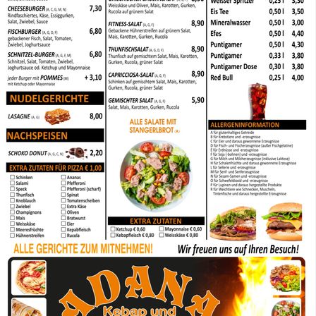 Das Menü bietet Cheeseburger, Fischburger und verschiedene Salate mit unterschiedlichen Dressings an. Zusätzliche Toppings für Pizzen sind für 1,00 Euro erhältlich. Desserts umfassen Schokoladendonuts. Alle Gerichte können zum Mitnehmen bestellt werden. Getränke umfassen alkoholische und alkoholfreie Getränke.