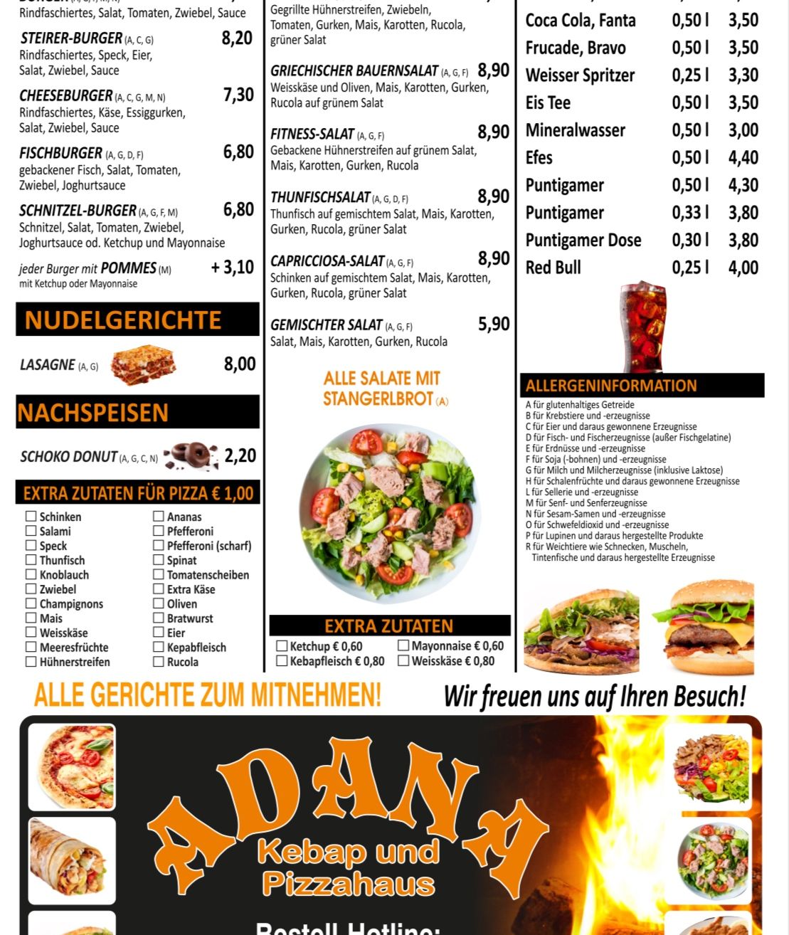 Das Menü bietet Cheeseburger, Fischburger und verschiedene Salate mit unterschiedlichen Dressings an. Zusätzliche Toppings für Pizzen sind für 1,00 Euro erhältlich. Desserts umfassen Schokoladendonuts. Alle Gerichte können zum Mitnehmen bestellt werden. Getränke umfassen alkoholische und alkoholfreie Getränke.