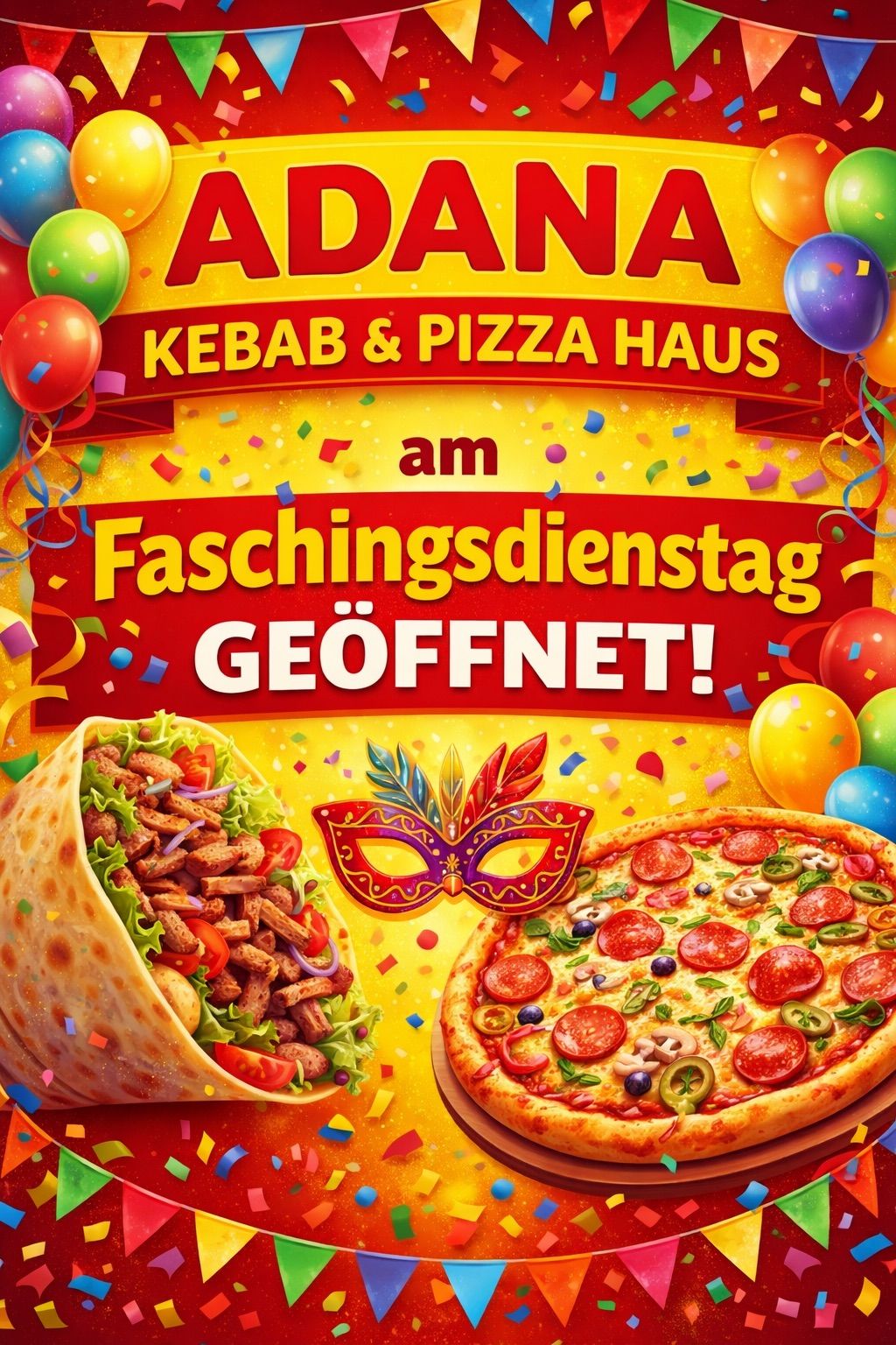 Poster advertising Adana Kebab and Pizza House open on Carnival Monday with a festive background of balloons, streamers, and a mask. It features a wrap with meat, vegetables, and a pizza with pepperoni and other toppings.