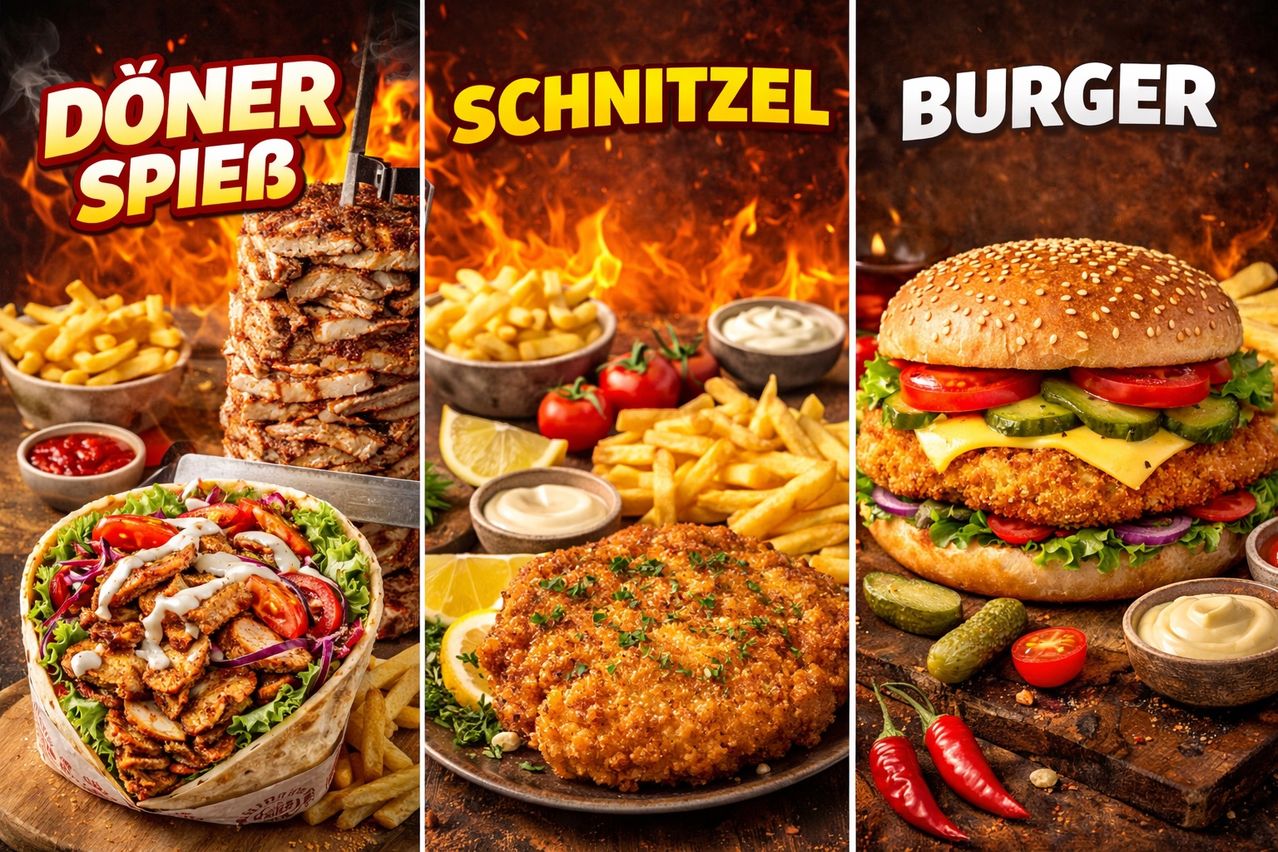 Three images showcasing various foods: a stack of meat, fries, and a burger. The first image has a label 'WEBER' with a fire effect. The second image displays a bowl of fries and a dip, with tomatoes and lemons. The third image is a burger with a slice of lemon and pickles.