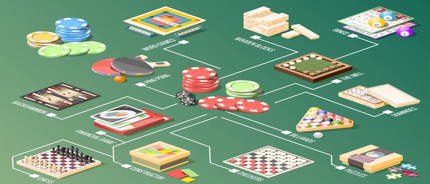 Ein Infografik zeigt verschiedene Brettspiele und Casino-Stil-Artikel auf einem grünen Hintergrund. Von links nach rechts gibt es Stapel von Pokerchips, ein Schachspiel, eine Tischtennisschläger, ein Scrabble-Brett, Holzblöcke, ein Dame-Brett und ein Spiel von The Mill. Andere Spiele umfassen ein Finanzspiel, ein Bauspiel und einen Billardtisch.