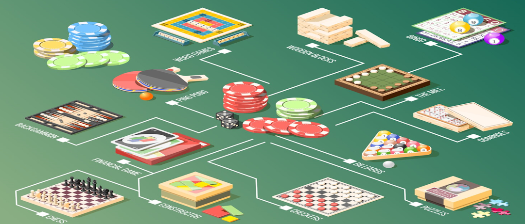 Ein Infografik zeigt verschiedene Brettspiele und Casino-Stil-Artikel auf einem grünen Hintergrund. Von links nach rechts gibt es Stapel von Pokerchips, ein Schachspiel, eine Tischtennisschläger, ein Scrabble-Brett, Holzblöcke, ein Dame-Brett und ein Spiel von The Mill. Andere Spiele umfassen ein Finanzspiel, ein Bauspiel und einen Billardtisch.