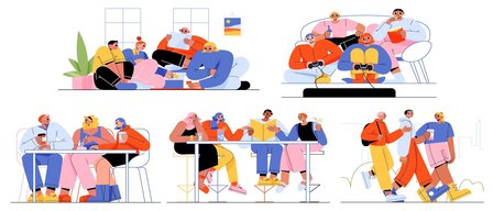 Illustrationen von Menschen in verschiedenen Umgebungen. Eine Gruppe entspannt sich auf einem Sofa, eine andere Gruppe sitzt an einem Tisch und eine Person läuft im Freien.