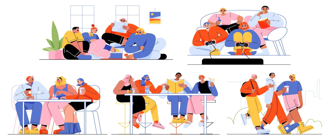Illustrationen von Menschen in verschiedenen Umgebungen. Eine Gruppe entspannt sich auf einem Sofa, eine andere Gruppe sitzt an einem Tisch und eine Person läuft im Freien.
