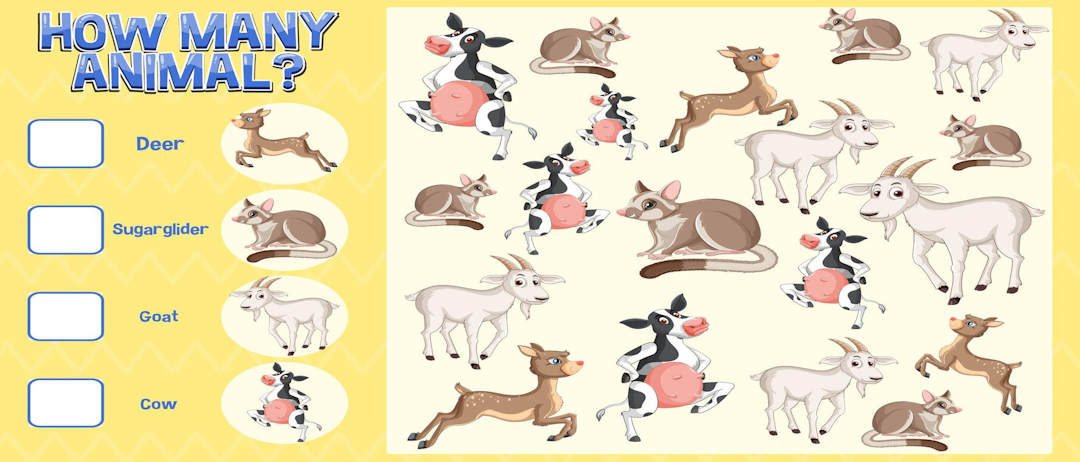 Das Bild ist ein Rätsel mit verschiedenen Tieren. Jedes Tier hat eine Nummer in einem Kreis daneben. Zu den Tieren gehören Kühe, Ziegen und Rehe. Das Rätsel fragt, wie viele von jedem Tier es gibt.