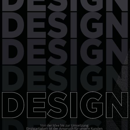Ein schwarz-weißes Poster mit dem Wort 'Design', das wiederholt in großen, fetten Buchstaben erscheint. Das Wort 'Design' wird durch seine Wiederholung und Platzierung auf dem Poster betont. Unter dem Text steht ein Slogan: 'Von der Idee bis zur Umsetzung'.
