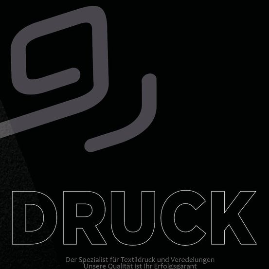 Ein schwarzer Hintergrund mit einem stilisierten grauen Buchstaben 'Q' und einem fetten weißen Wort 'DRUCK'. Darunter steht der Text 'Der Spezialist fur Textildruck und Veredelungen Unsere Qualitat ist Ihr Erfolgsgarant'.