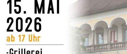 Plakat für das Pfarr Fest am 15. Mai 2026, Beginn um 17 Uhr, mit Grillen, Kinderaktivitäten und Live-Musik vor einem historischen Gebäude.