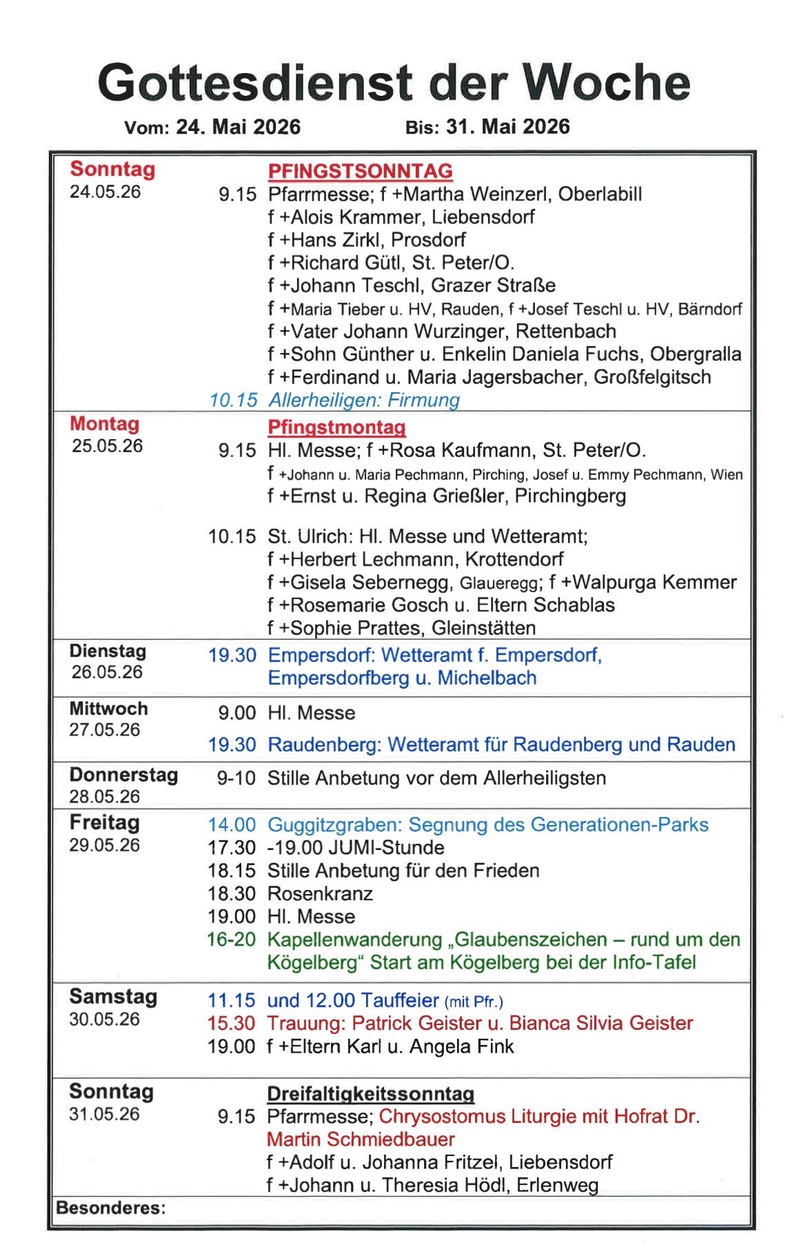 Das Bild zeigt einen Zeitplan religiöser Veranstaltungen auf Deutsch. Es umfasst verschiedene Messen, Wettergebete und Prozessionen an verschiedenen Orten, zusammen mit spezifischen Daten und Uhrzeiten. Die Namen der Personen, die mit jeder Veranstaltung verbunden sind, sind ebenfalls aufgeführt.