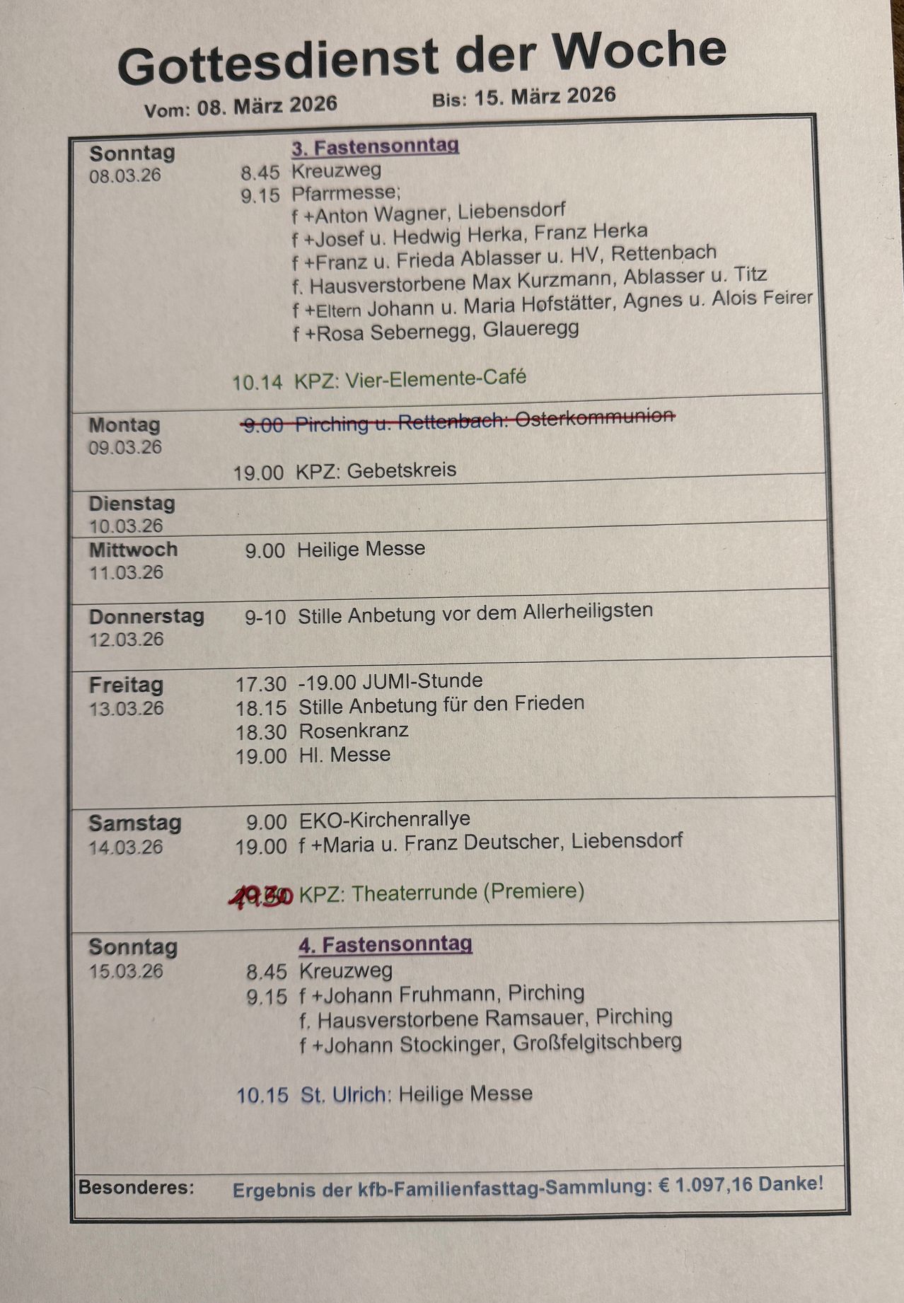 A schedule includes various religious events and activities. It starts with Easter communion on March 9th, followed by a prayer circle on March 10th. On March 11th, there is a Holy Mass. On March 12th, there is a silent meditation before the Allerheiligsten.