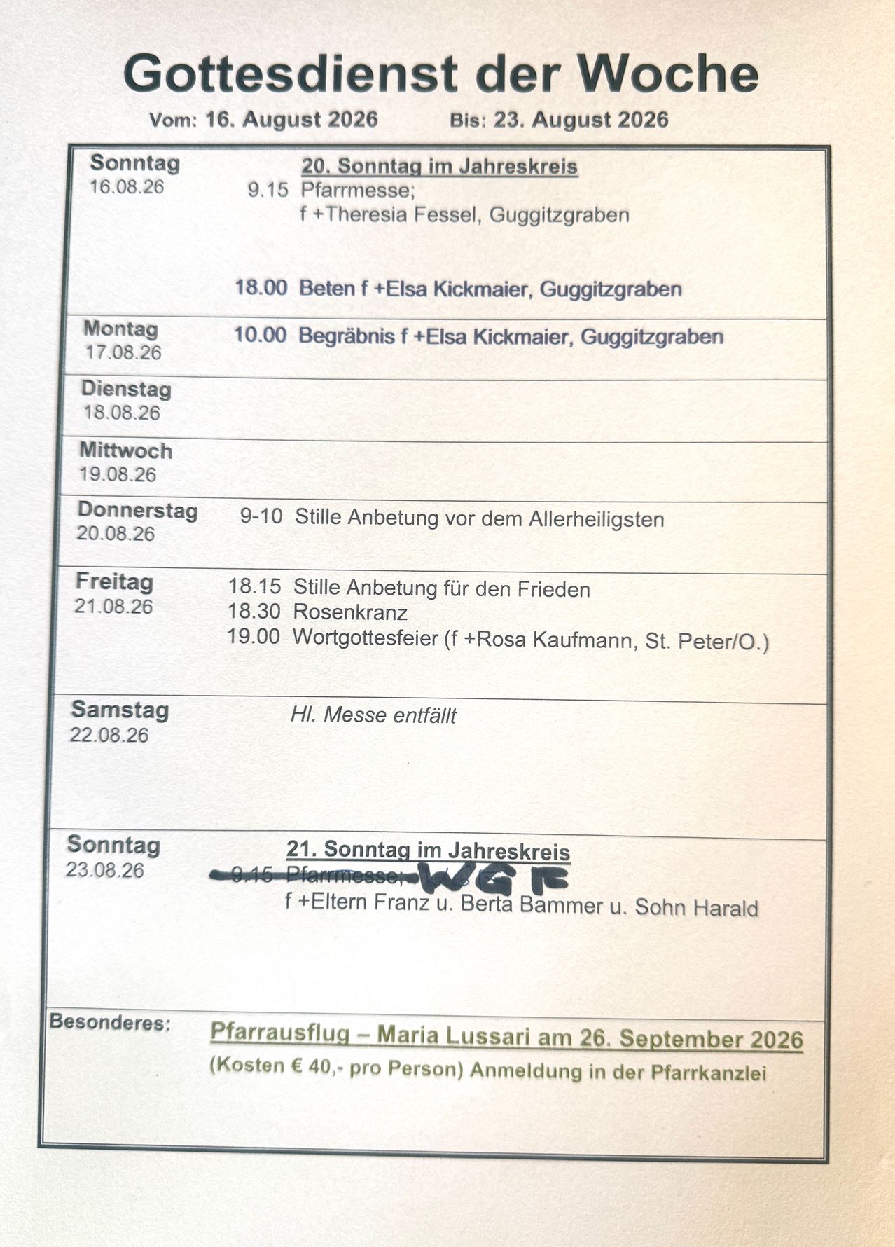 A document with a schedule of religious services and events, including dates and times, and a special event announcement.